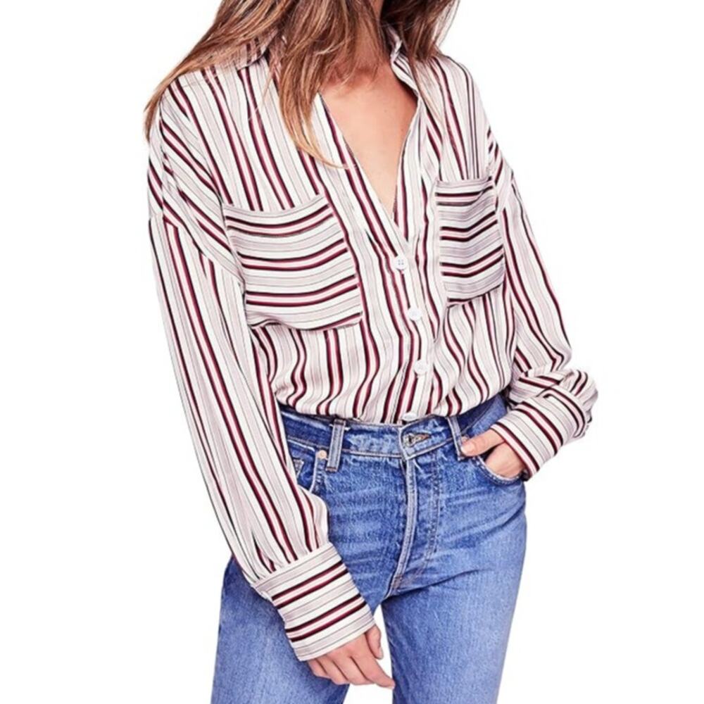 Free People Mad About You Striped Button Shirt Sie XS Oversized Slouchy Boho